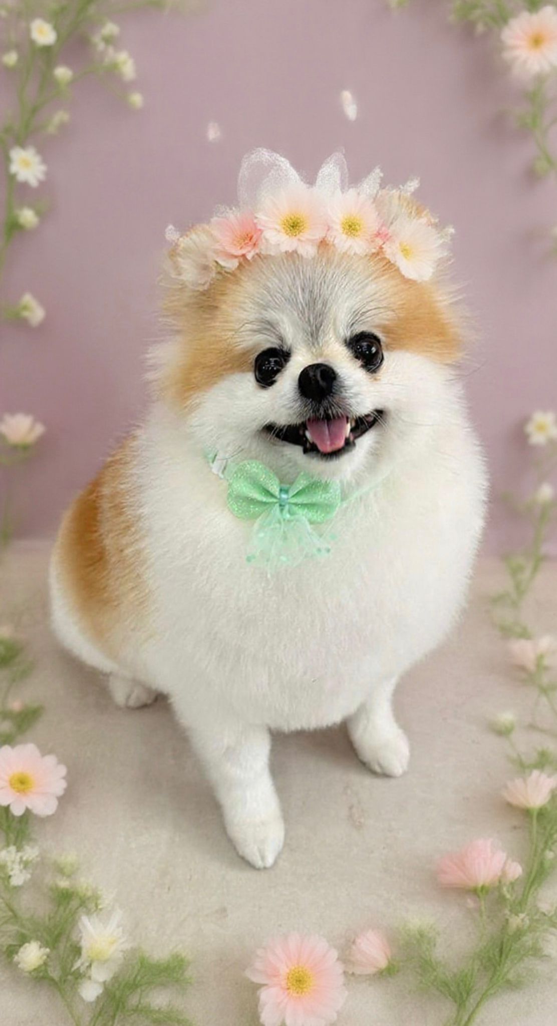 Kleine hond met een groene strik en een verzorgde vacht